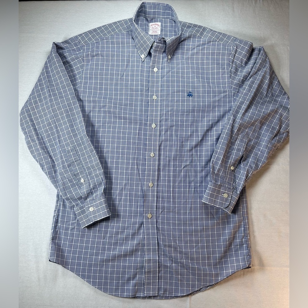 Brooks Brothers Men’s Regular Fit Navy Blue & White Plaid Button Down - Size M